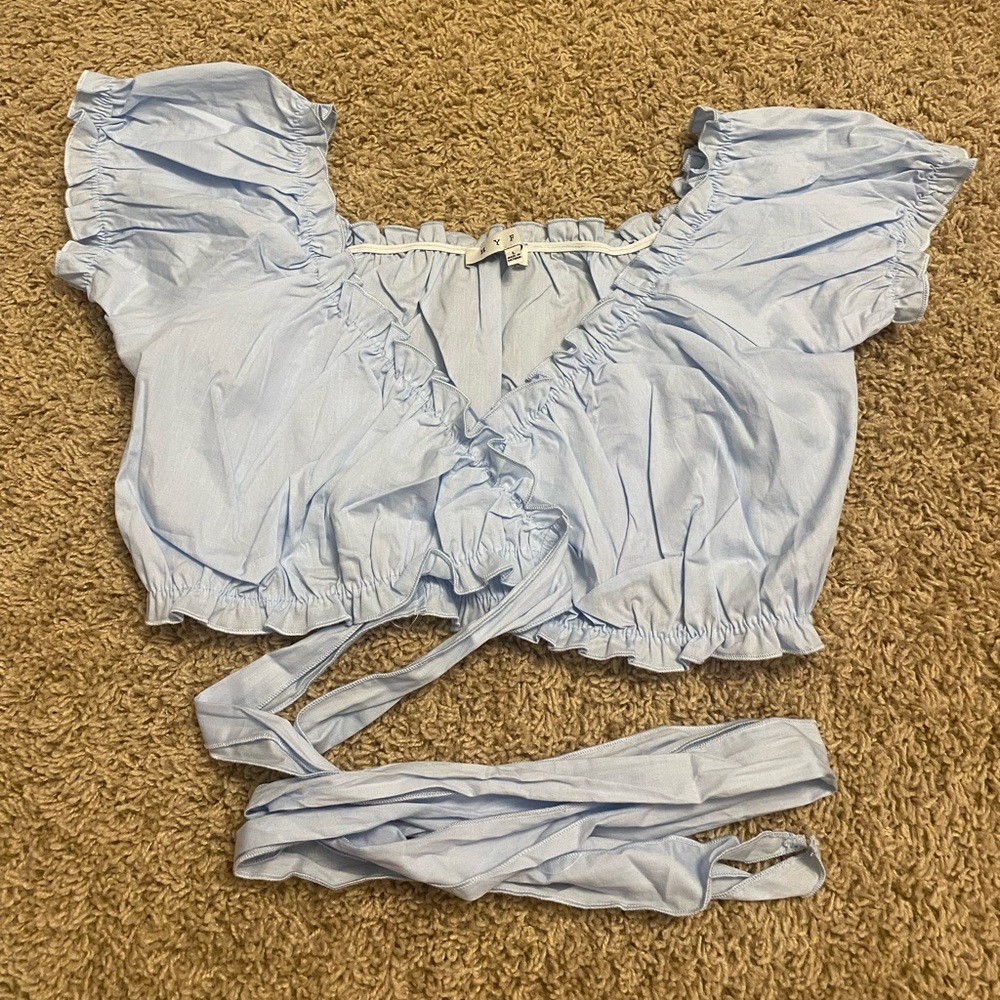 Light blue ruffle crop tie top